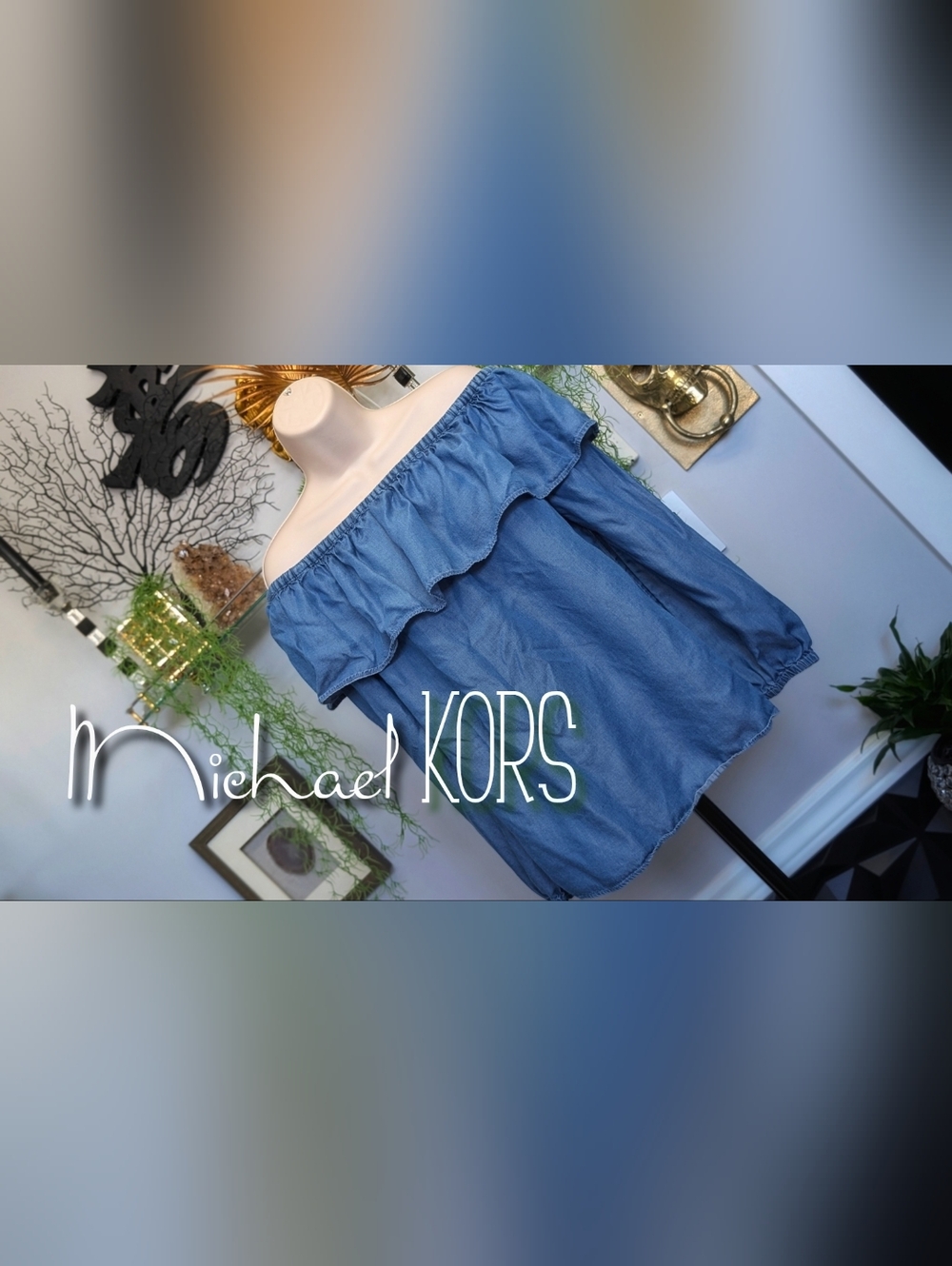 Michael Kors Denim Look Off Shoulder Ruffle Top MD